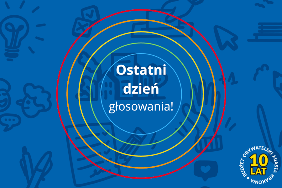 Napis: Ostatni dzień głosownia! w środku tęczowych okręgów na niebieskim tle