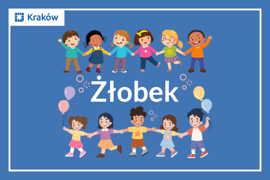 Rysunek przedstawiający tańczące dzieci u góry i u dołu, a pomiędzy nimi  napis żłobek.