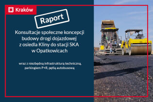 Zdjęcie z budowy drogi z walcem i maszyną do wysypywania asfaltu oraz napis: Konsultacje społeczne koncepcji budowy drogi dojazdowej z osiedla Kliny do stacji SKA w Opatkowicach
