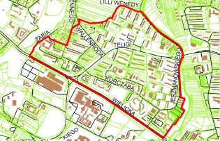 Granice projektu miejscowego planu zagospodarowania przestrzennego obszaru "Nowy Prokocim"