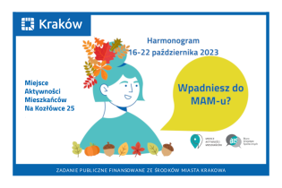 Rysunek przedstawiający kobietę z kolorowymi, jesiennymi liśćmi we włosach, przed nią kolorowe liście, żołędzie i dynia