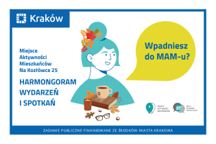 Rysunek przedstawiający kobietę z kolorowymi, jesiennymi liśćmi we włosach, przed nią książka, kubek z herbatą, okulary, kolorowe liście i kasztany