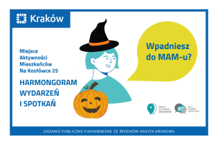Rysunek przedstawiający portret kobiety w kapeluszu czarownicy i z halloweenową dynią