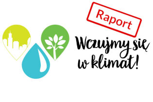 Napis Wczujmy się w klimat! i rysunki miasta i drzewa wkomponowane w kształt kropli wody.