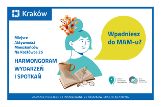 Rysunek przedstawiający portret kobiety z kolorowymi, jesiennymi liśćmi we włosach, przed nią książka, kubek z herbatą i okulary
