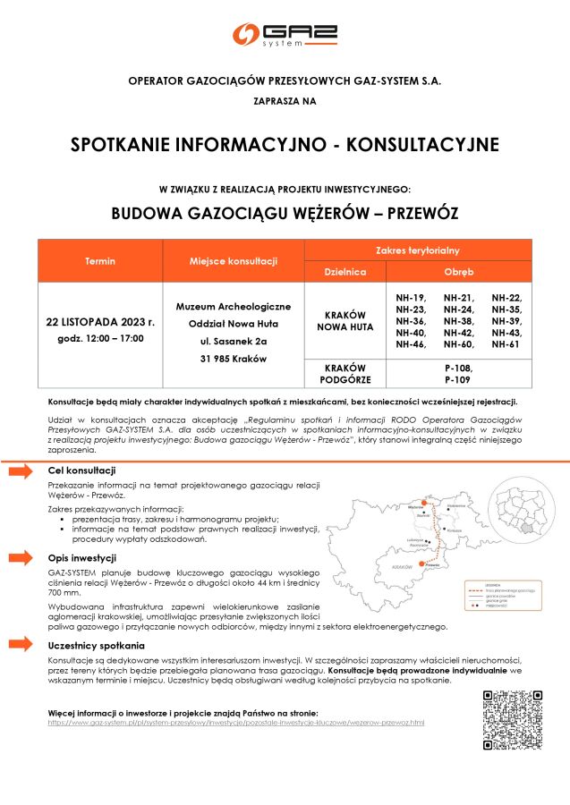 Zaproszenie spotkanie konsultacyjne gazociąg Wężerów-Przewóz