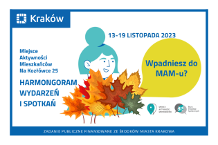 Rysunek przedstawiający portret kobiety z kolorowymi, jesiennymi liśćmi 