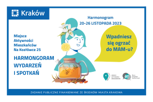 Rysunek przedstawiający portret kobiety z kwiatami we włosach i kolczykiem z plastra cytryny, przed którą stoi czajnik z herbatą