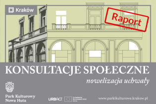 Rysunek przedstawiający kamienice w Nowej Hucie z lat pięćdziesiątych XX wieku