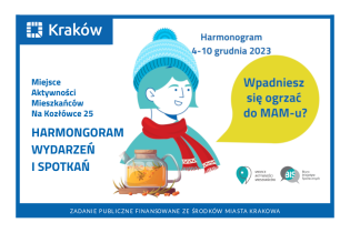 Rysunek przedstawiający portret kobiety z w zimowej czapce i szaliku, przed którą stoi czajnik z herbatą