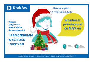 Rysunek przedstawiający portret kobiety z czapce mikołajkowej i szaliku, przed którą stoi miniatura choinki z prezentami