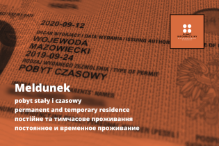Grafika do artykułu o meldunku dla cudzoziemców. W tle karta pobytu czasowego.