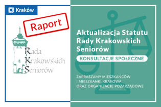 Po lewej rysunek Bramy Floriańskiej z napisem Rada Krakowskich Seniorów; po prawej tekst z zaproszeniem do udziału w konsultacjach Aktualizacji Statutu Rady Krakowskich Seniorów
