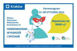 Rysunek przedstawiający portret kobiety w masce karnawałowej, przed którą tańczy bałwanek śnieżny