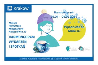 Rysunek przedstawiający portret kobiety w zimowej czapce, przed którą stoi filiżanka z ciepłym napojem