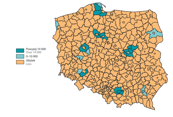 Mapa przyrostu ludności do 2060 r. w porównaniu do 2022 r. według powiatów – dane GUS