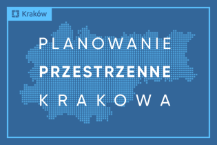 Biały napis: Planowanie przestrzenne Krakowa na granatowym tle, na którym małe niebieskie kafelki tworzą kształt obszaru Krakowa