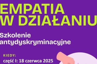 Plakat w kolorach filetu i zieleni z informacjami dot. szkolenia. Centralnie po prawej stronie rysunek dłoni rozplątujących splątane nici. 