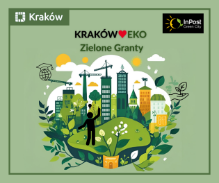 Grafika promuje ekologiczną inicjatywę „Kraków Eko – Zielone Granty”. Na ilustracji zielone miasto z roślinnością, budynkami, dźwigami i sylwetką człowieka. W tle loga Krakowa i InPost Green City. Kol