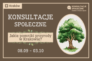Grafika na brązowym tle przedstawiająca z prawej strony rysunek starego drzewa na eliptycznym białym tle, a z lewej napis: Konsultacje Społeczne Jakie pomniki przyrody w Krakowie?
08.09. - 03.10