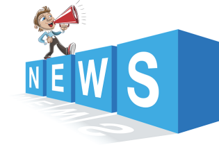 Grafika przedstawia postać z megafonem w dłoni, idącą po pudełkach z napisem NEWS.