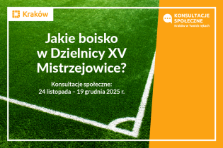 Na tle narożnika trawiastego boiska do piłki nożnej, tekst: Jakie boisko w Dzielnicy XV Mistrzejowice? Konsultacje społeczne 24 listopada - 19 grudnia
