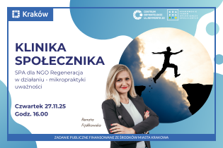 Na grafice widnieją kluczowe informacje na temat szkolenia pod nazwą Klinika Społecznika, na środku zdjęcie kobiety która poprowadzi szkolenie.