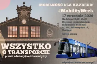 Kobieta na rowerze obok tramwaju, plakat promujący wydarzenie o transporcie w Krakowie.